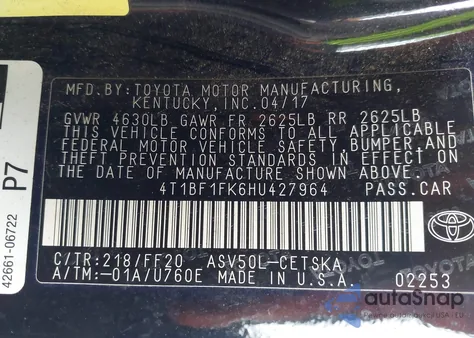 2017 Toyota Camry Se из США, поврежденный, VIN 4T1BF1FK6HU427964